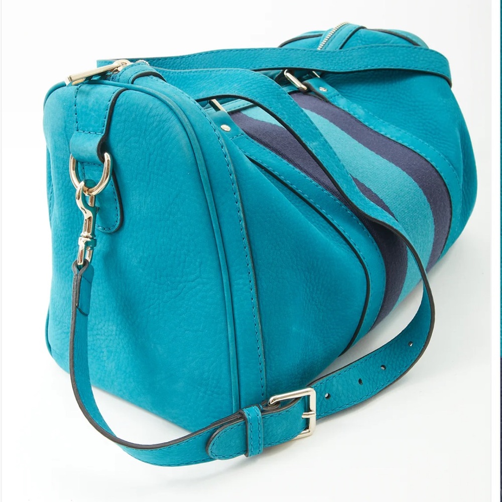 Authentic Gucci Teal Blue Suede Web Boston Bag - Picture 5 of 16